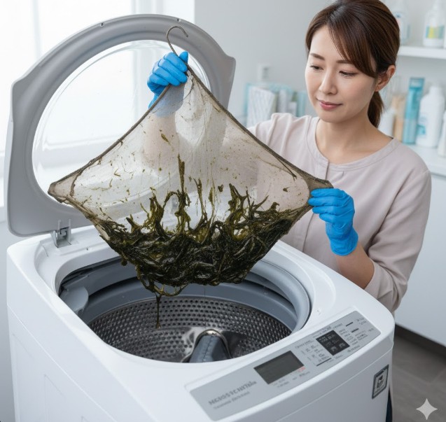 クリーニング店のワイヤーハンガーと伝線したストッキングを使って、洗濯槽の汚れをすくい取るために自作した高性能なゴミ取りネット。