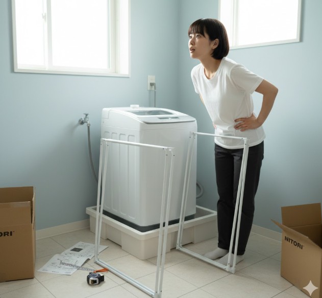 組み立てようとしたニトリの洗濯機ラックが洗面所に設置できず、困惑する日本人女性の様子。