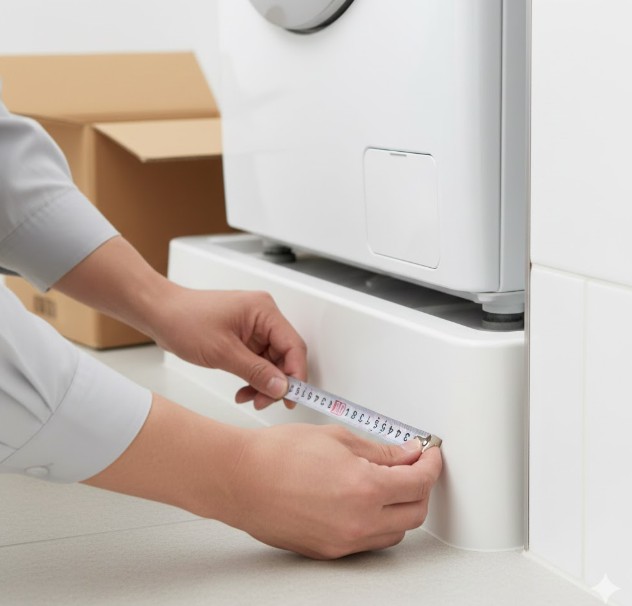 洗濯機ラックの脚が置けるか確認するため、壁と防水パンの縁のわずかな隙間をメジャーで正確に測る手元。