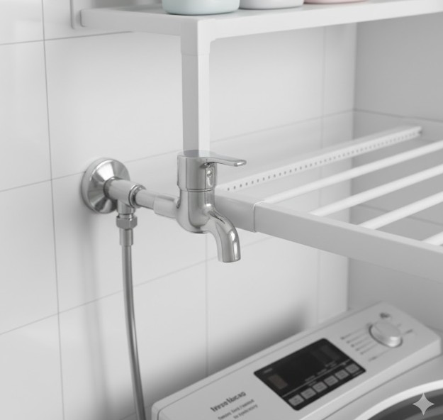 洗濯機上の壁から突き出た蛇口(水栓)の位置と、ラックの補強用のクロスバーが干渉している様子。