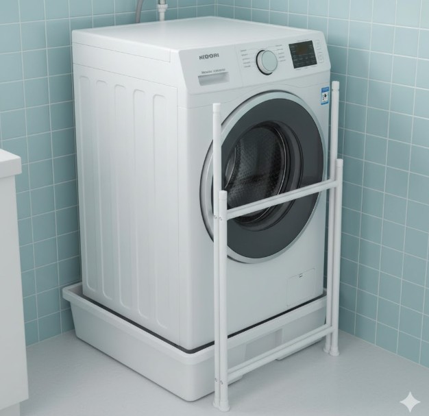 奥行きのあるドラム式洗濯機が占有し、手前にラックの前脚を置くスペースがなくなっている防水パン周り。