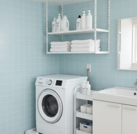 洗濯機ラックが設置できない代わりに、壁間に強力な突っ張り棚を設置して収納スペースを確保している様子。