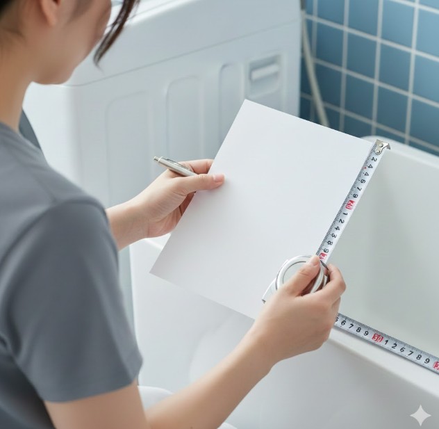 洗濯機ラックの購入前に、防水パンや蛇口の位置などの重要な計測箇所をリストで確認している手元。