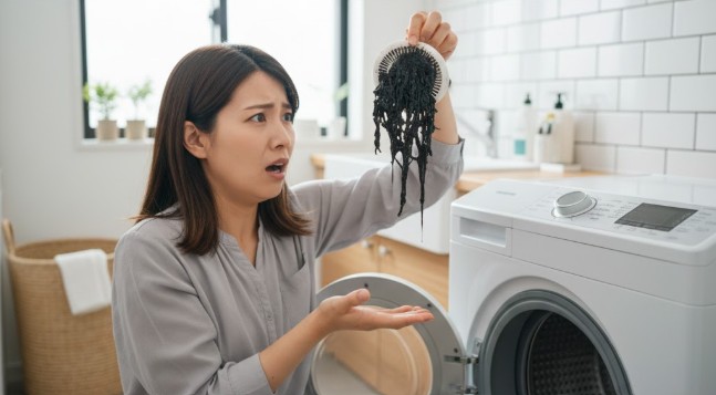 一人暮らしの女性が洗濯機の糸くずフィルターに溜まった黒いカビや汚れを見て不安そうな表情をしている様子。洗濯槽の裏側の汚染リスクを視覚的に訴える