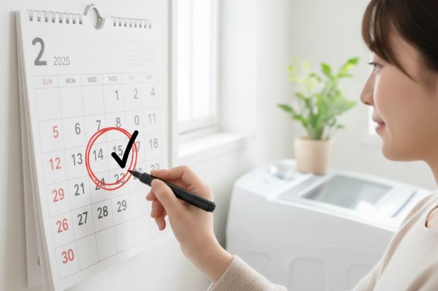 1ヶ月に1回の洗濯槽掃除が理想であることを示す、月間カレンダーに印をつけた画像。「月1回」の掃除頻度を習慣化することを推奨。