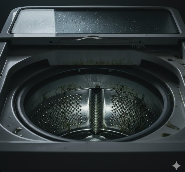 湿気がこもりカビの培養状態にある、蓋が閉まったままの洗濯槽内のイメージ。洗濯機を長時間稼働させない一人暮らしのリスクを表現。