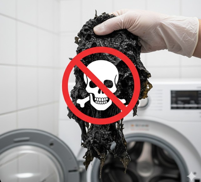 長期間掃除をサボった洗濯槽の裏側から剥がれ落ちた、黒くてヌルヌルしたワカメ状のバイオフィルム(黒カビ)のクローズアップ。