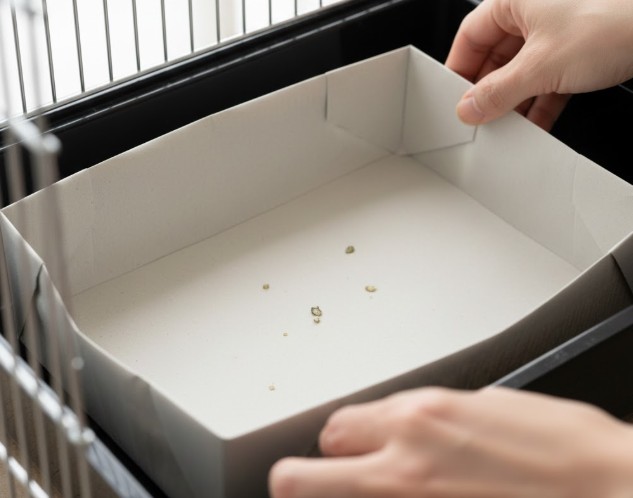 鳥かごの引き出しトレイに、四隅を折り上げて箱状にした無地の新聞紙(更紙)を敷いてセットしている様子。フンの色で健康チェックができる視認性の高さを表現。