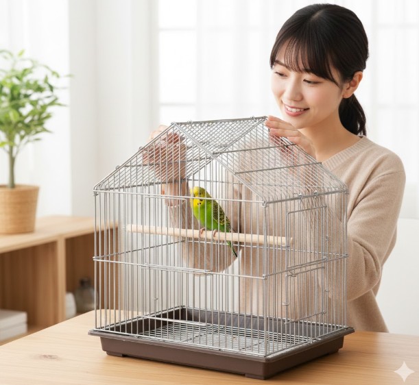 明るい部屋で、日本人女性の飼い主が愛鳥と触れ合いながら、HOEI製の堅牢な鳥かごの広い天井扉を開けている様子。掃除のしやすさだけでなく、愛鳥の世話のしやすさも表現。