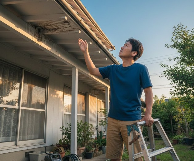 自宅の2階軒先にこびりついた鳥のフンを見上げ、掃除方法に悩む男性の様子。