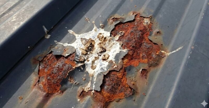 金属屋根(ガルバリウム鋼板)に付着した鳥のフンが原因で、塗装が剥がれ深刻なサビが発生している様子。