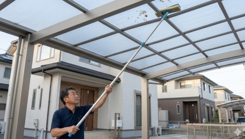 地上から長い伸縮モップを使い、カーポートの屋根に付いた鳥のフンを安全に掃除しようとしている男性。