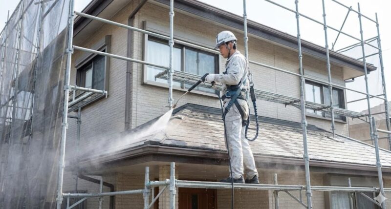 安全対策のために足場を組み、ヘルメットと安全帯を着用したプロの業者が、高圧洗浄機で2階の屋根を洗浄している様子。
