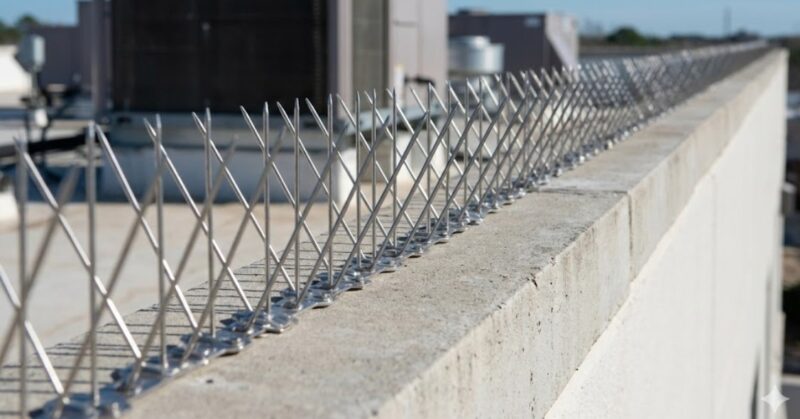 鳥の飛来や着地を防ぐために、屋根のパラペット部分に設置されたステンレス製のバードスパイク(剣山)。