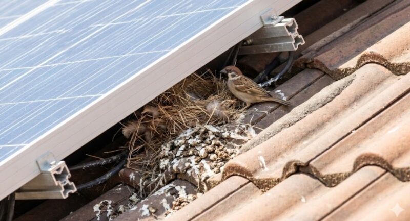 住宅の屋根に設置された太陽光パネルと屋根の隙間に、スズメが巣を作り、フンが堆積している様子。