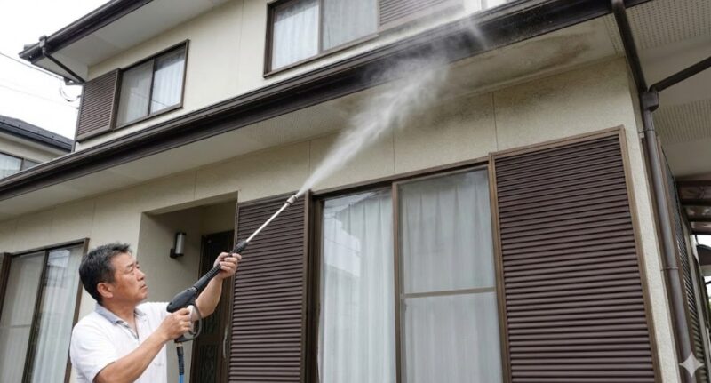 地上から家庭用高圧洗浄機で2階の軒先を狙うが、水圧が届かず霧状になってしまっている様子。