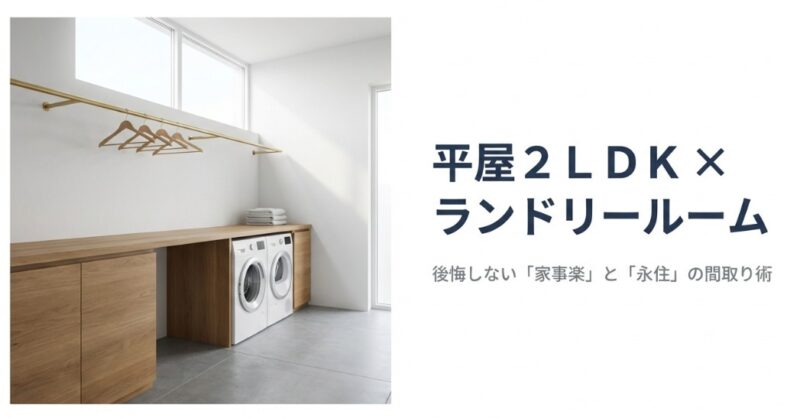 おしゃれなランドリールームのイメージ画像。木目調のカウンター、ドラム式洗濯機、真鍮の物干しバーが設置された清潔感のある空間