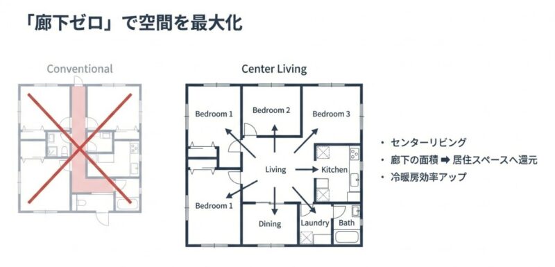 従来の間取り（廊下あり）とセンターリビング（廊下なし）の間取り比較図。廊下をなくすことで居住スペースを増やし、冷暖房効率もアップする
