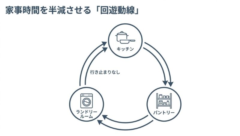 キッチン、ランドリールーム、パントリーの3か所が「行き止まりなし」で円状に繋がっている回遊動線の概念図