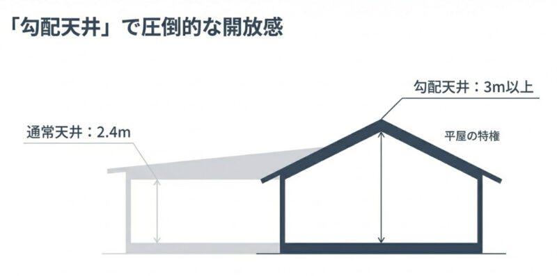 通常天井（2.4m）と勾配天井（3m以上）の高さを比較した断面図。天井を高くすることで圧倒的な開放感が生まれる