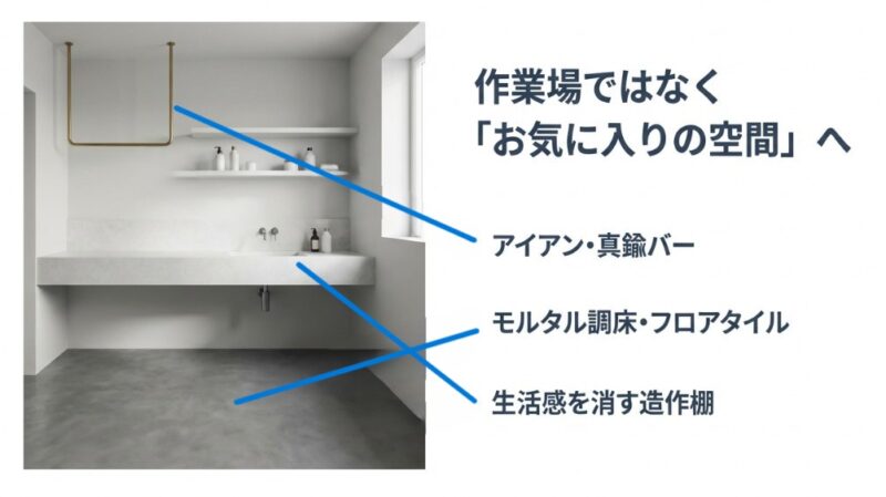 生活感を消すための具体的な工夫。アイアンや真鍮のバー、モルタル調の床、造作棚を活用したモダンなランドリールームの提案