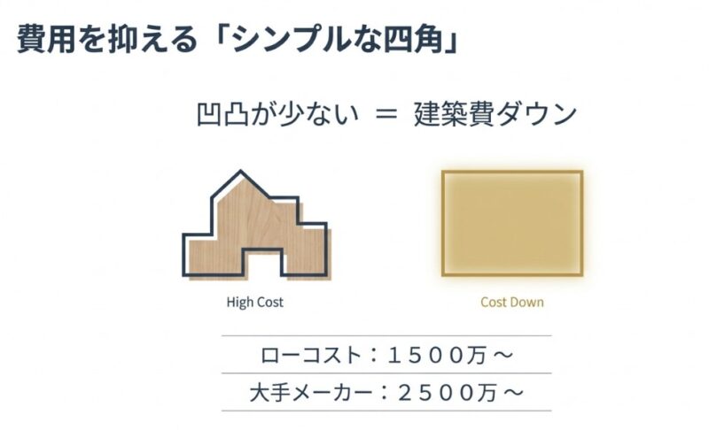 複雑な形状とシンプルな四角い形状の比較図。凹凸を減らすことで建築費をダウン（コストダウン）させる考え方