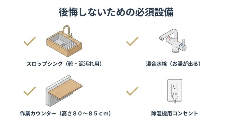 スロップシンク（靴・泥汚れ用）、混合水栓（お湯）、作業カウンター（高さ80〜85cm）、除湿機用コンセントのアイコン