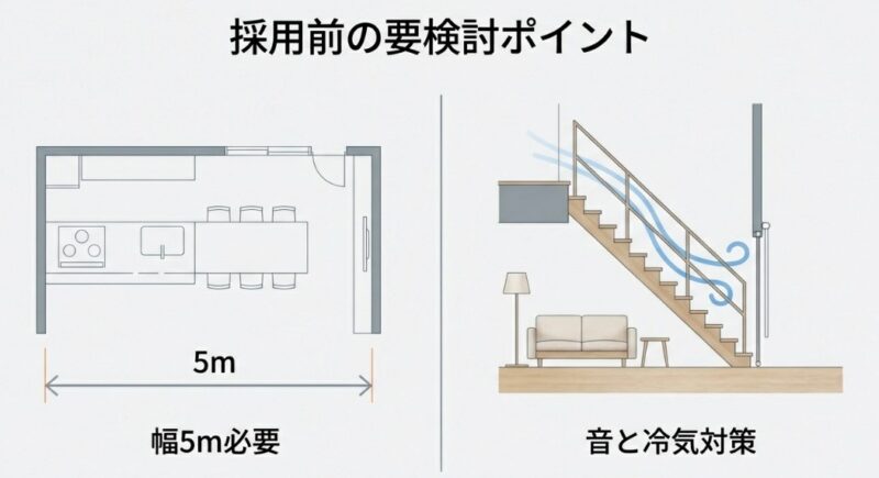 キッチンとダイニングを一直線に並べる際に必要な幅5mの目安と、音・冷気対策の検討ポイント。