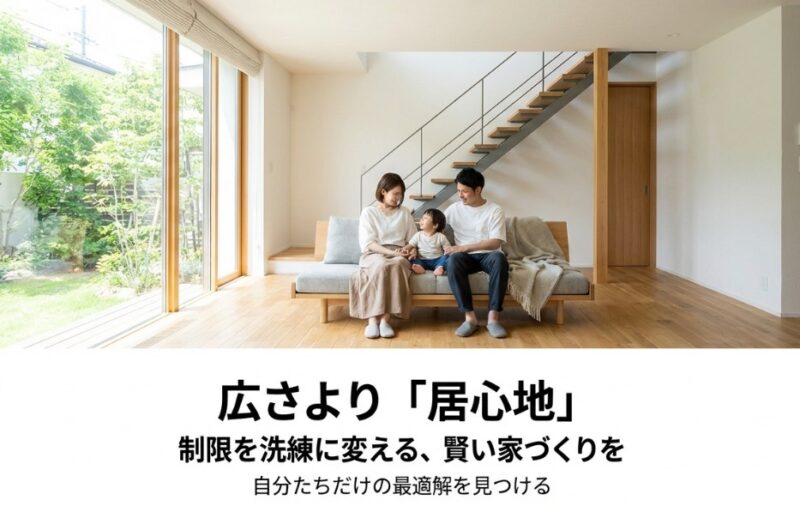 明るいリビングでくつろぐ家族の写真。「広さより『居心地』」「制限を洗練に変える、賢い家づくりを」というメッセージ。