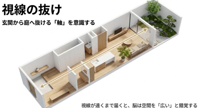 玄関から庭まで視線が抜ける「軸」を意識することで、脳が空間を広いと錯覚する視覚効果の解説図