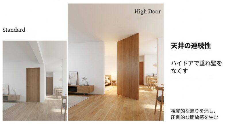 通常のドアとハイドアの比較画像。ハイドアにすることで垂れ壁がなくなり、天井が繋がって見えることで圧倒的な開放感が生まれる様子