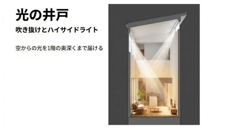 住宅の断面図。吹き抜けの上部にある高窓から、太陽の光が1階の奥深くまで「光の井戸」のように届くイメージ図。