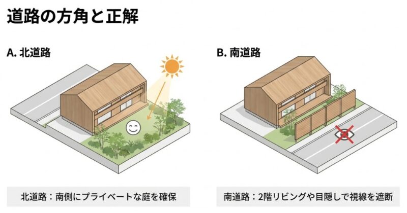 北道路と南道路の比較図。北道路は南側にプライベートな庭を確保でき、南道路は2階リビングや目隠しで視線を遮断する工夫が必要であることを示している