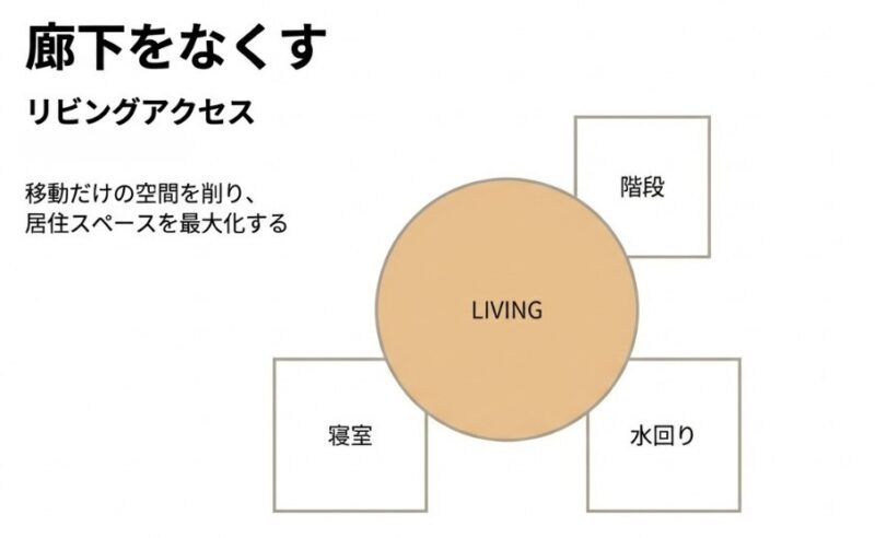 リビングを中心に、寝室・階段・水回りが直接繋がる「リビングアクセス」の図解。移動だけの空間（廊下）を削り、居住スペースを広げる考え方。