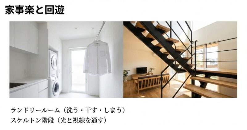 洗う・干す・しまうが完結するランドリールームと、視線や光を通すスケルトン階段の写真。家事の効率化と空間の透過性を両立する例。