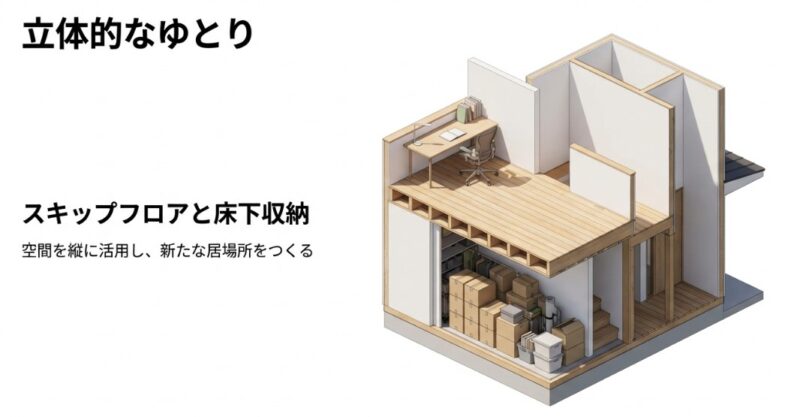 スキップフロアの構造図。空間を縦に活用し、中2階のワークスペースと、その下の床下収納を作ることで、新たな居場所を生み出すイメージ。