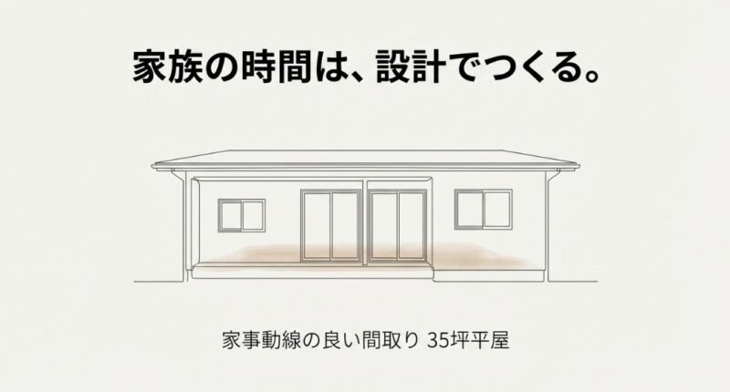 35坪平屋の外観イラストと「家族の時間は、設計でつくる。家事動線の良い間取り」というキャッチコピー