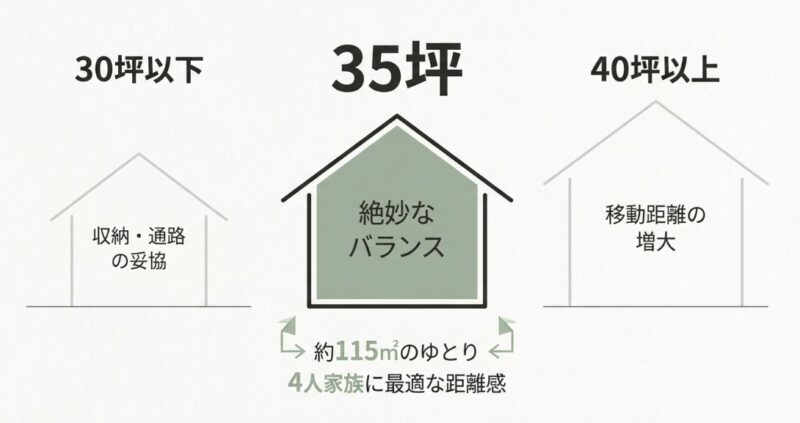 30坪以下(収納不足)、40坪以上(移動距離増)と比較して、35坪(約115㎡)が4人家族に最適な「絶妙なバランス」であることを示す