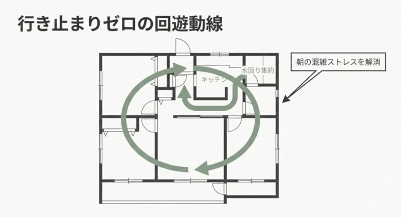 キッチンを中心に水回りを集約し、行き止まりのない矢印で回遊動線を描いた間取り図。朝の混雑ストレスを解消するポイントの解説