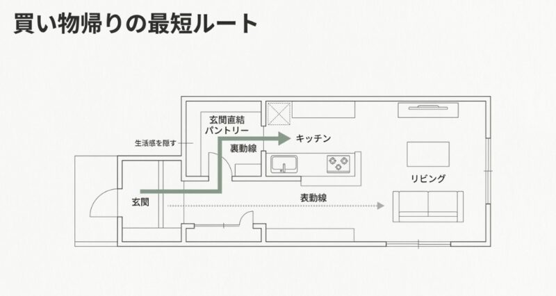 玄関からパントリー、キッチンへと続く「裏動線」と、リビングへ続く「表動線」を分けた、買い物帰りに便利な間取り図