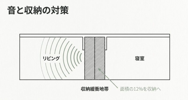 リビングと寝室の間に「収納緩衝地帯」を設け、音漏れを防ぎつつ面積の12%を収納に充てる工夫の図解
