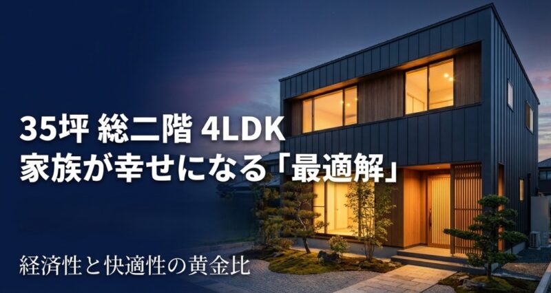 35坪総二階4LDKの住宅外観イメージと「家族が幸せになる最適解」「経済性と快適性の黄金比」
