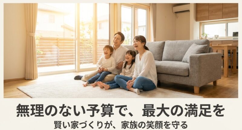 明るいリビングで家族4人が笑顔でくつろいでいる写真。「無理のない予算で、最大の満足を」というメッセージ