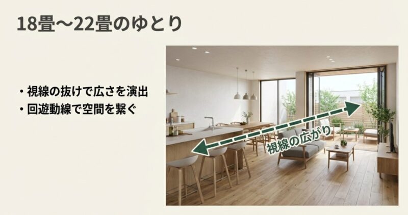 開放的なLDKのインテリア写真。キッチンからリビング、屋外テラスまで一直線に「視線の広がり」があることを示す矢印