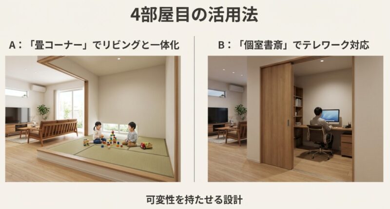 リビングの横に設置された小上がりの畳コーナーで子供が遊んでいる写真。ライフスタイルに合わせた「畳コーナー」や「テレワーク書斎」への可変性を提案