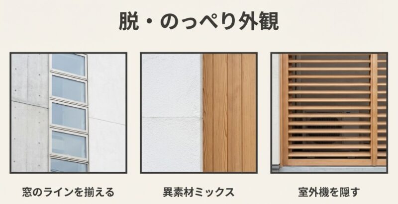 外観を美しく見せる3つのポイントの比較画像。窓のラインの整列、異素材ミックス（木目と塗り壁）、室外機を隠すルーバーの事例写真