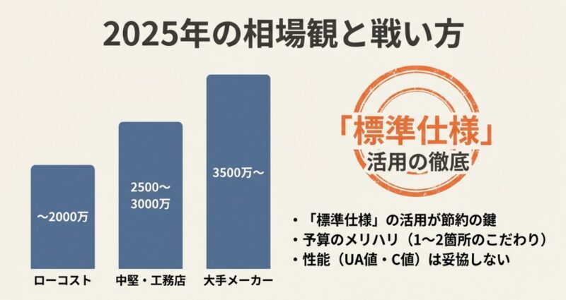 35坪住宅の費用相場グラフ。ローコスト（〜2000万）、中堅・工務店（2500〜3000万）、大手メーカー（3500万〜）の区分と、節約の鍵となる「標準仕様」の活用について解説