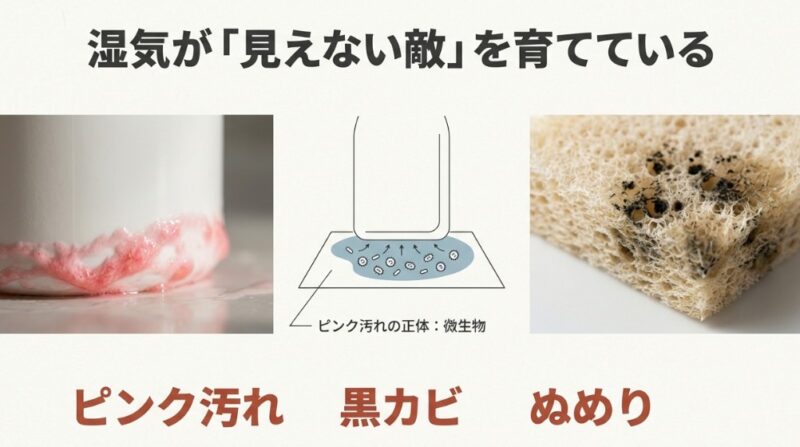 ボトルの底に発生したピンク汚れの写真と、水分の中で微生物が繁殖する仕組み、そして「湿気が見えない敵を育てている」という警告