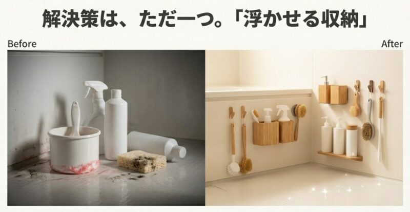 床に物が置かれた雑然とした浴室(Before)と、壁面に美しく整頓された収納(After)を比較し、解決策として「浮かせる収納」を提示