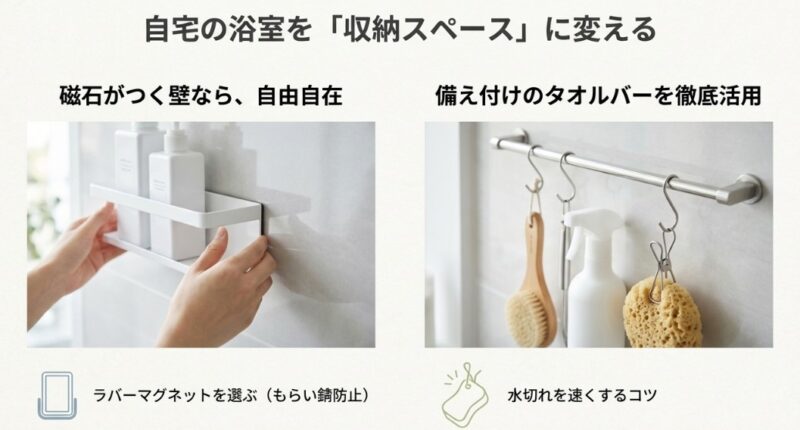 マグネットラックを壁に取り付ける様子と、タオルバーにS字フックやクリップで道具を吊るしている様子の写真